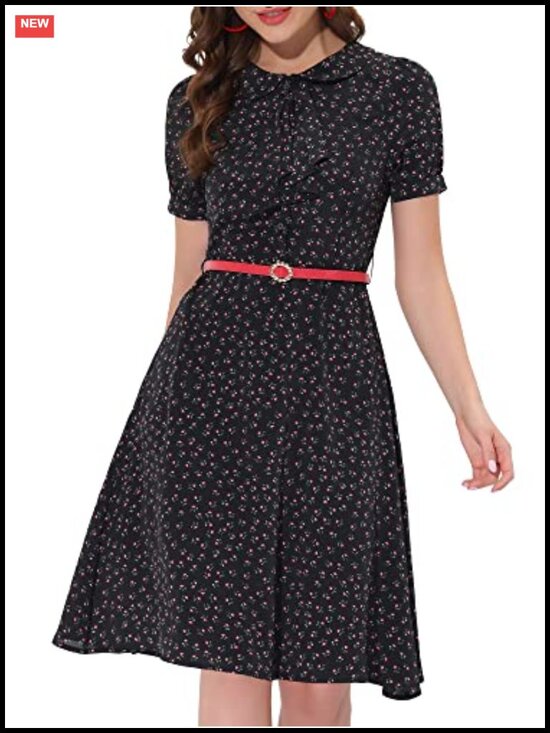 Dresses & Skirts - Allegra K Women's Peter Pan Collar Floral Dress with Belt Button Up